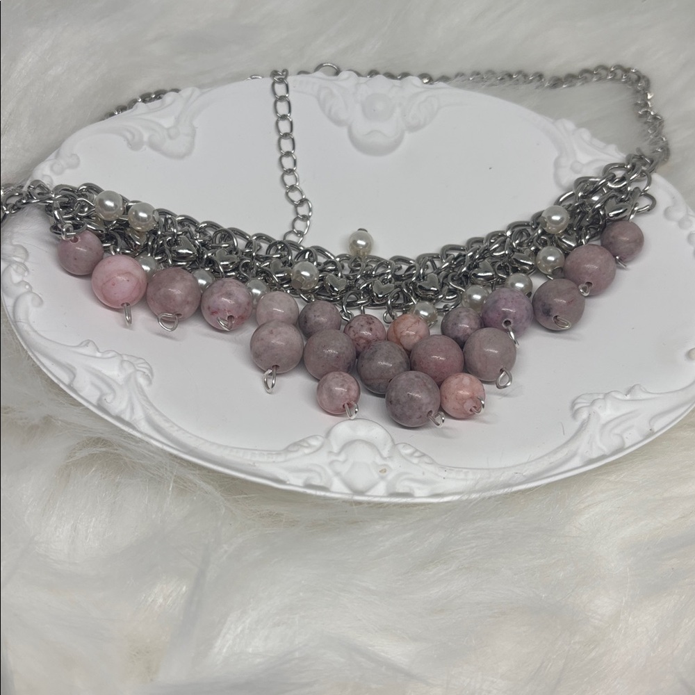 OOAK Genuine Pink Jasper Statement Necklace | Layered Bib Necklace Adjustable - Picture 6 of 10